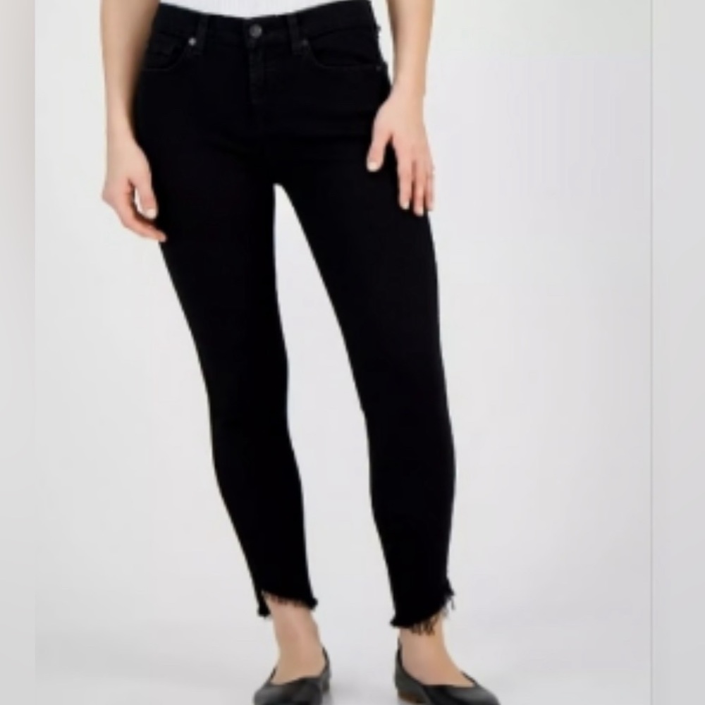 7 for all Man Kind Women's High-Rise Raw-Hem Skinny Ankle Jeans in black size 27
